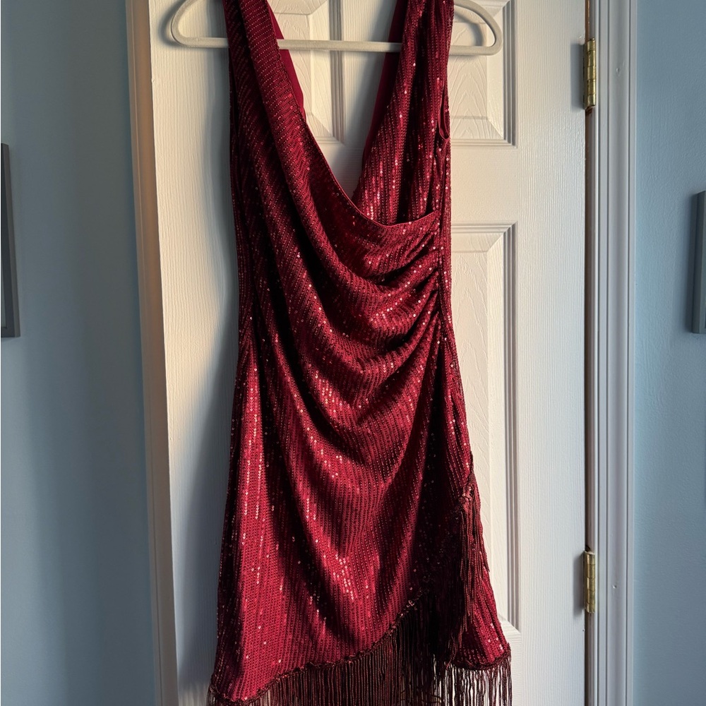 Elegant Red Draped Dress with Fringe